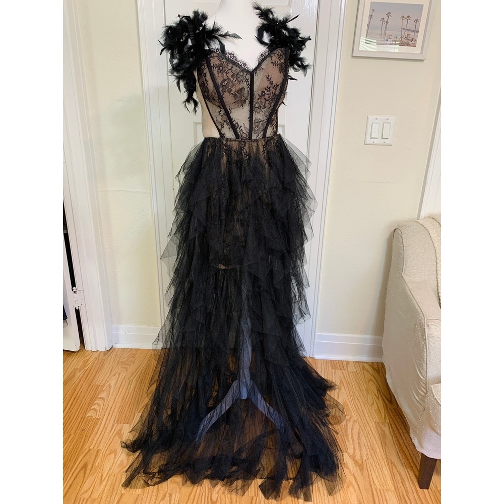Off-Shoulder Black Lace & Tulle Prom Dress - Picture 2 of 16